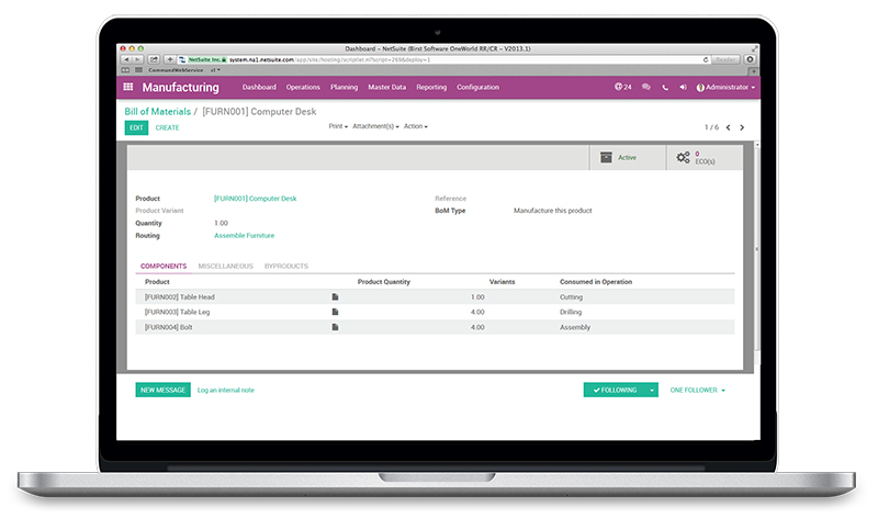 ERP Odoo Manufacting App showing Bill of Materials UI